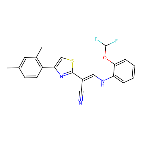 (2E)-3-{[2-(difluoromethoxy)phenyl]amino}-2-[4-(2,4-dimethylphenyl)-1,3-thiazol-2-yl]prop-2-enenitrile structure