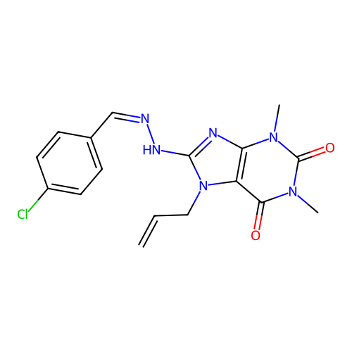 8-[(2Z)-2-[(4-chlorophenyl)methylidene]hydrazinyl]-1,3-dimethyl-7-prop-2-enylpurine-2,6-dione structure