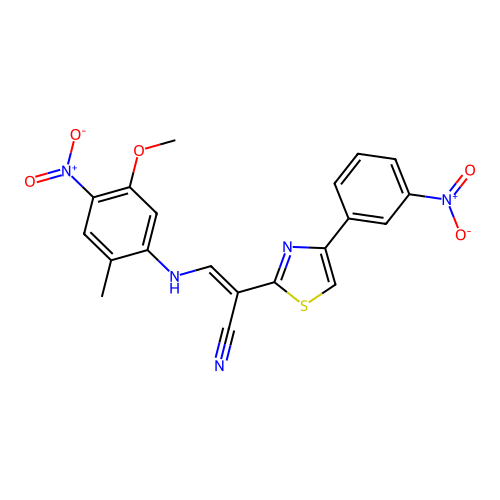 (2E)-3-[(5-methoxy-2-methyl-4-nitrophenyl)amino]-2-[4-(3-nitrophenyl)-1,3-thiazol-2-yl]prop-2-enenitrile structure