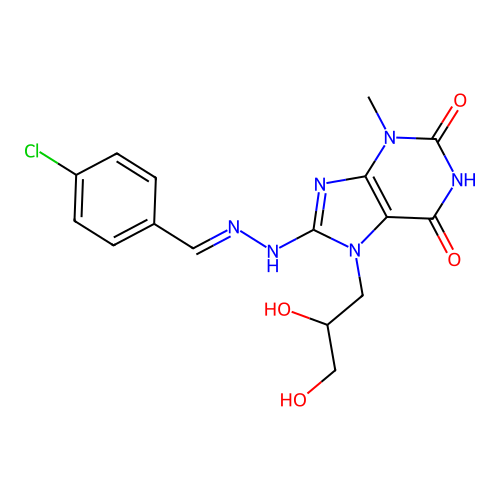 (E)-8-(2-(4-chlorobenzylidene)hydrazinyl)-7-(2,3-dihydroxypropyl)-3-methyl-1H-purine-2,6(3H,7H)-dione structure