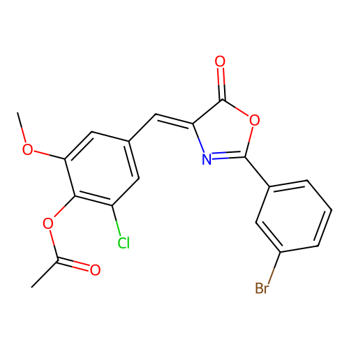 (Z)-4-((2-(3-bromophenyl)-5-oxooxazol-4(5H)-ylidene)methyl)-2-chloro-6-methoxyphenyl acetate structure