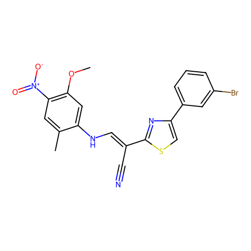 (2E)-2-[4-(3-bromophenyl)-1,3-thiazol-2-yl]-3-[(5-methoxy-2-methyl-4-nitrophenyl)amino]prop-2-enenitrile structure