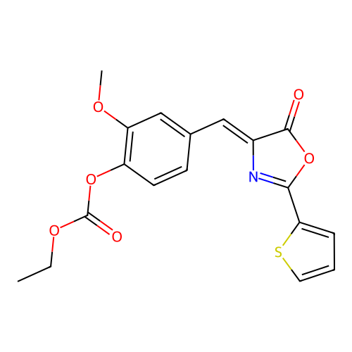 (Z)-ethyl (2-methoxy-4-((5-oxo-2-(thiophen-2-yl)oxazol-4(5H)-ylidene)methyl)phenyl) carbonate structure
