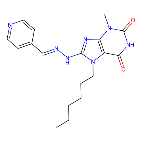 (E)-7-hexyl-3-methyl-8-(2-(pyridin-4-ylmethylene)hydrazinyl)-1H-purine-2,6(3H,7H)-dione structure