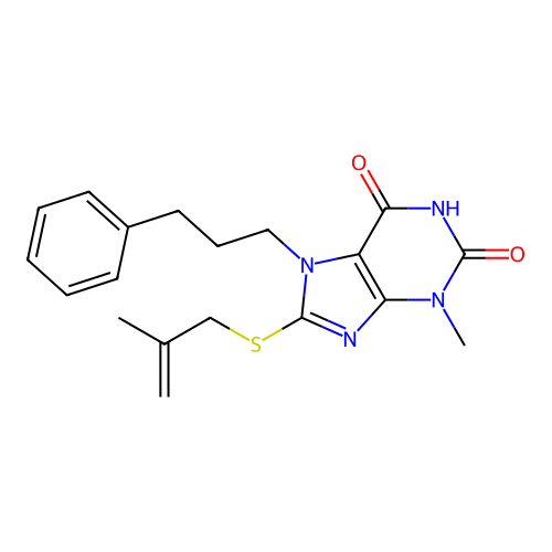 3-methyl-8-((2-methylallyl)thio)-7-(3-phenylpropyl)-1H-purine-2,6(3H,7H)-dione structure