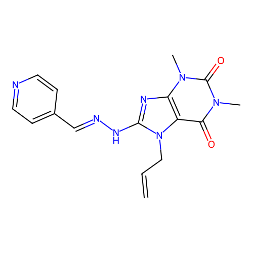 (E)-7-allyl-1,3-dimethyl-8-(2-(pyridin-4-ylmethylene)hydrazinyl)-1H-purine-2,6(3H,7H)-dione structure