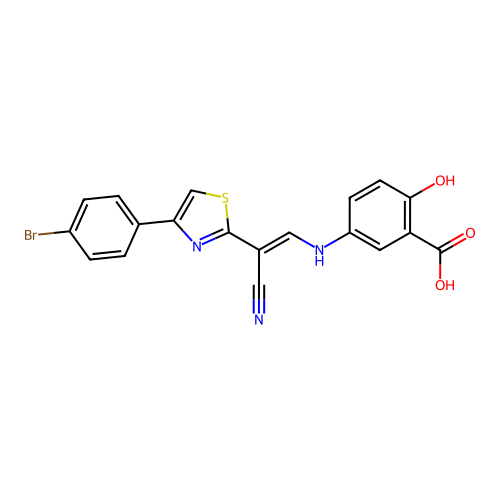 (E)-5-((2-(4-(4-bromophenyl)thiazol-2-yl)-2-cyanovinyl)amino)-2-hydroxybenzoic acid structure