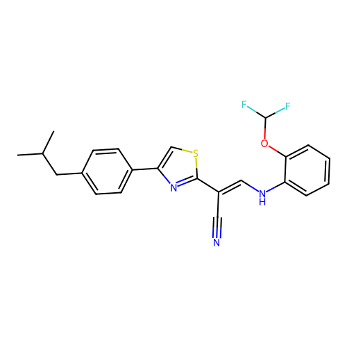 (E)-3-((2-(difluoromethoxy)phenyl)amino)-2-(4-(4-isobutylphenyl)thiazol-2-yl)acrylonitrile structure