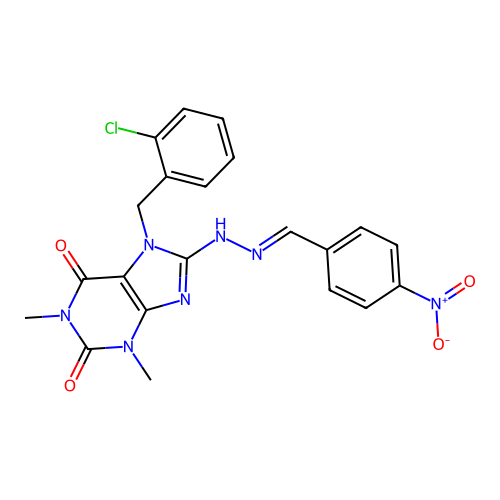 7-[(2-chlorophenyl)methyl]-1,3-dimethyl-8-[(2E)-2-[(4-nitrophenyl)methylidene]hydrazin-1-yl]-2,3,6,7-tetrahydro-1H-purine-2,6-dione structure