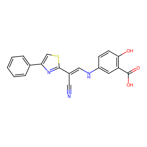(E)-5-((2-cyano-2-(4-phenylthiazol-2-yl)vinyl)amino)-2-hydroxybenzoic acid structure