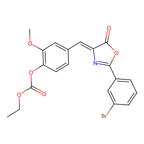 (Z)-4-((2-(3-bromophenyl)-5-oxooxazol-4(5H)-ylidene)methyl)-2-methoxyphenyl ethyl carbonate structure