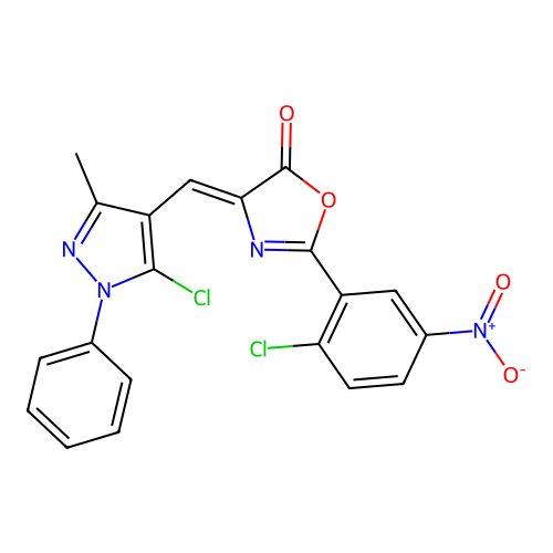 (Z)-4-((5-chloro-3-methyl-1-phenyl-1H-pyrazol-4-yl)methylene)-2-(2-chloro-5-nitrophenyl)oxazol-5(4H)-one structure