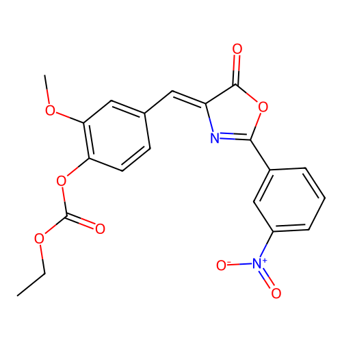 (Z)-ethyl (2-methoxy-4-((2-(3-nitrophenyl)-5-oxooxazol-4(5H)-ylidene)methyl)phenyl) carbonate structure