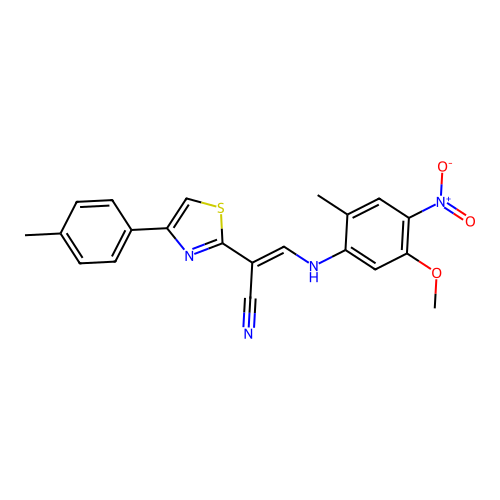 (E)-3-((5-methoxy-2-methyl-4-nitrophenyl)amino)-2-(4-(p-tolyl)thiazol-2-yl)acrylonitrile structure