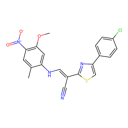 (2E)-2-[4-(4-chlorophenyl)-1,3-thiazol-2-yl]-3-[(5-methoxy-2-methyl-4-nitrophenyl)amino]prop-2-enenitrile structure