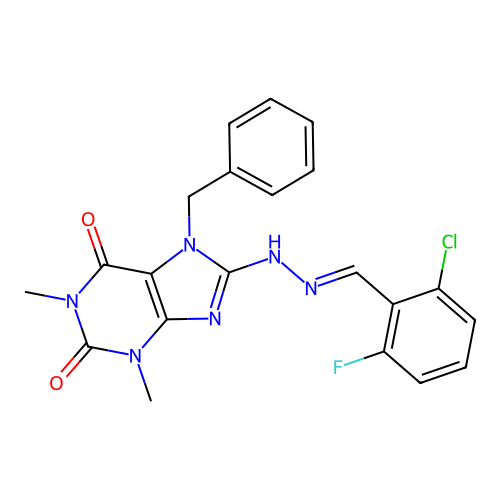 (E)-7-benzyl-8-(2-(2-chloro-6-fluorobenzylidene)hydrazinyl)-1,3-dimethyl-1H-purine-2,6(3H,7H)-dione structure