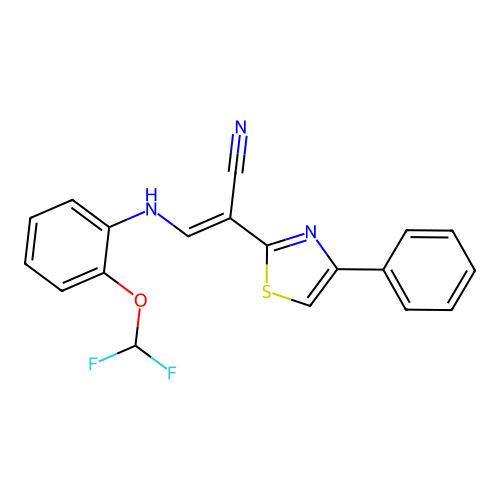 (2E)-3-{[2-(difluoromethoxy)phenyl]amino}-2-(4-phenyl-1,3-thiazol-2-yl)prop-2-enenitrile structure