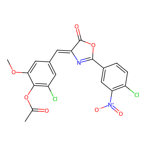 (Z)-2-chloro-4-((2-(4-chloro-3-nitrophenyl)-5-oxooxazol-4(5H)-ylidene)methyl)-6-methoxyphenyl acetate structure