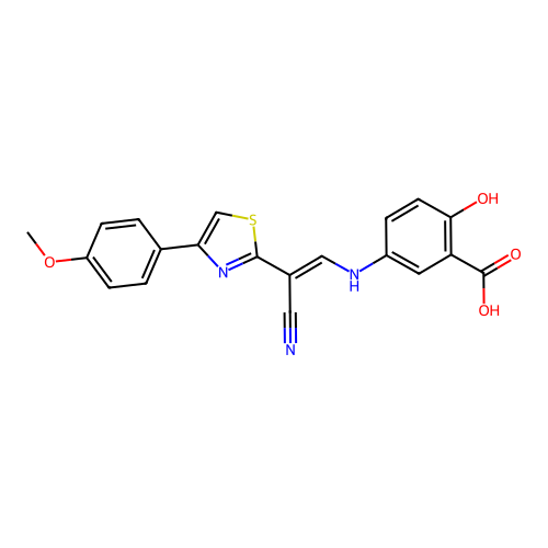 (E)-5-((2-cyano-2-(4-(4-methoxyphenyl)thiazol-2-yl)vinyl)amino)-2-hydroxybenzoic acid structure