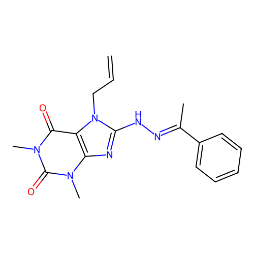 (E)-7-allyl-1,3-dimethyl-8-(2-(1-phenylethylidene)hydrazinyl)-1H-purine-2,6(3H,7H)-dione structure
