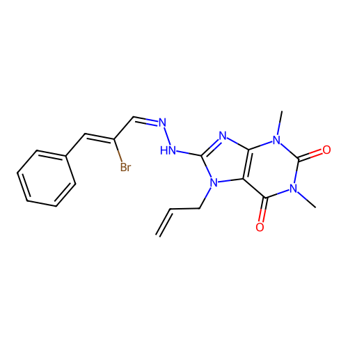 8-[(2Z)-2-[(Z)-2-bromo-3-phenylprop-2-enylidene]hydrazinyl]-1,3-dimethyl-7-prop-2-enylpurine-2,6-dione structure