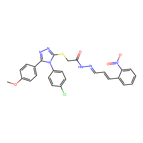 (E)-2-((4-(4-chlorophenyl)-5-(4-methoxyphenyl)-4H-1,2,4-triazol-3-yl)thio)-N'-((E)-3-(2-nitrophenyl)allylidene)acetohydrazide structure