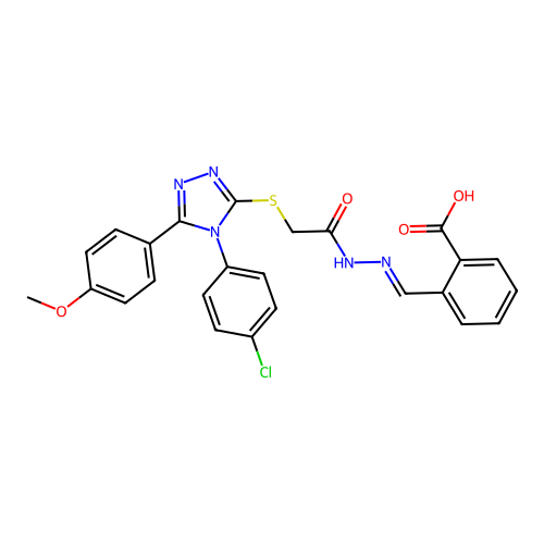 2-{(E)-[2-({[4-(4-chlorophenyl)-5-(4-methoxyphenyl)-4H-1,2,4-triazol-3-yl]sulfanyl}acetyl)hydrazinylidene]methyl}benzoic acid structure
