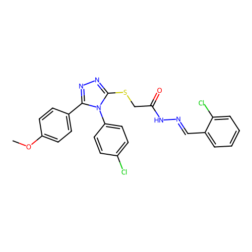 2-{[4-(4-chlorophenyl)-5-(4-methoxyphenyl)-4H-1,2,4-triazol-3-yl]sulfanyl}-N'-[(E)-(2-chlorophenyl)methylidene]acetohydrazide structure
