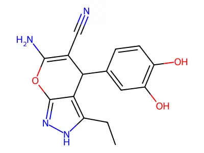 6-Amino-4-(3,4-dihydroxy-PH)3-ET-1,4-dihydropyrano(2,3-C)pyrazole-5-carbonitrile structure