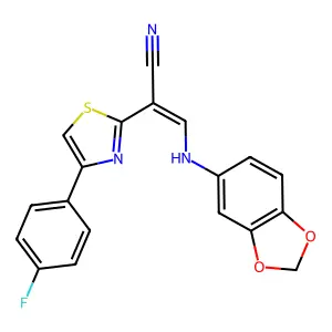 (E)-3-(benzo[d][1,3]dioxol-5-ylamino)-2-(4-(4-fluorophenyl)thiazol-2-yl)acrylonitrile structure