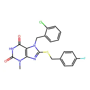 7-(2-chlorobenzyl)-8-((4-fluorobenzyl)thio)-3-methyl-1H-purine-2,6(3H,7H)-dione structure