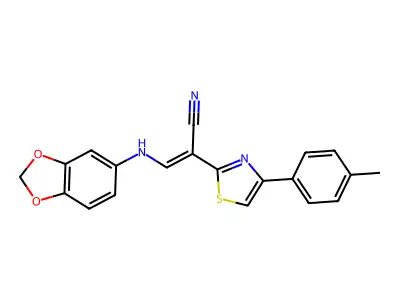(E)-3-(benzo[d][1,3]dioxol-5-ylamino)-2-(4-(p-tolyl)thiazol-2-yl)acrylonitrile structure