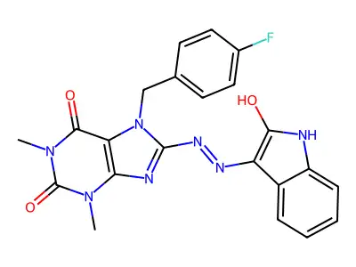 (E)-7-(4-fluorobenzyl)-1,3-dimethyl-8-(2-(2-oxoindolin-3-ylidene)hydrazinyl)-1H-purine-2,6(3H,7H)-dione structure