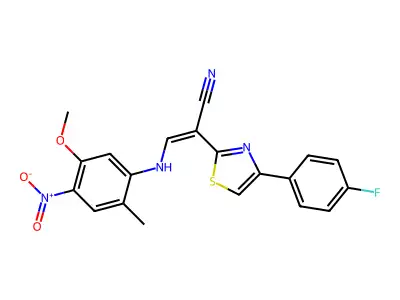 2-[4-(4-fluorophenyl)-1,3-thiazol-2-yl]-3-(5-methoxy-2-methyl-4-nitroanilino)prop-2-enenitrile structure