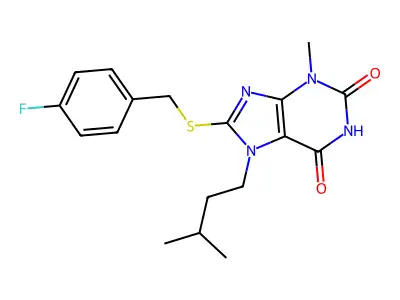 8-[(4-Fluorophenyl)methylsulfanyl]-3-methyl-7-(3-methylbutyl)purine-2,6-dione structure