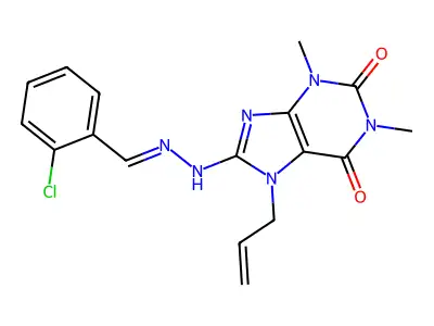 8-[2-[(2-chlorophenyl)methylidene]hydrazinyl]-1,3-dimethyl-7-prop-2-enylpurine-2,6-dione structure