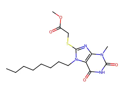 Methyl 2-(3-methyl-7-octyl-2,6-dioxopurin-8-yl)sulfanylacetate structure