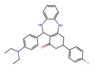 11-[4-(diethylamino)phenyl]-3-(4-fluorophenyl)-2,3,4,5,10,11-hexahydro-1H-dibenzo[b,e][1,4]diazepin-1-one structure