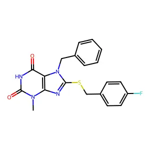 7-benzyl-8-((4-fluorobenzyl)thio)-3-methyl-1H-purine-2,6(3H,7H)-dione structure