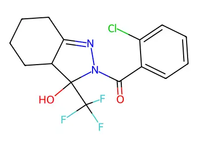 (2-chlorophenyl)[3-hydroxy-3-(trifluoromethyl)-3,3a,4,5,6,7-hexahydro-2H-indazol-2-yl]methanone structure