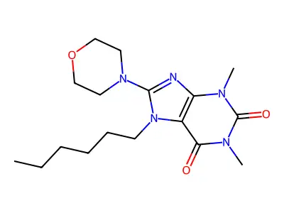 7-hexyl-1,3-dimethyl-8-morpholino-1H-purine-2,6(3H,7H)-dione structure