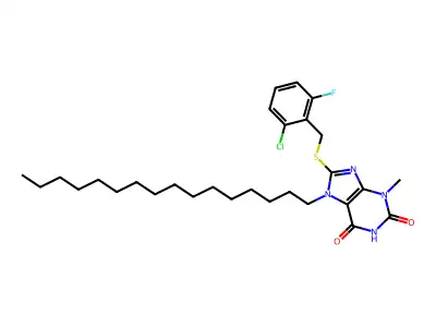 8-[(2-Chloro-6-fluorophenyl)methylsulfanyl]-7-hexadecyl-3-methylpurine-2,6-dione structure