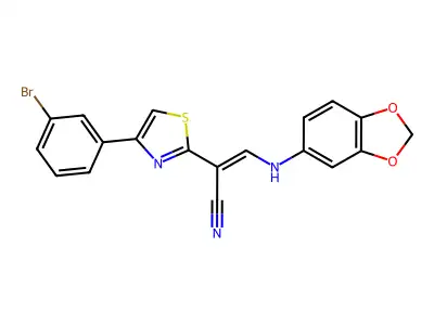 (E)-3-(benzo[d][1,3]dioxol-5-ylamino)-2-(4-(3-bromophenyl)thiazol-2-yl)acrylonitrile structure