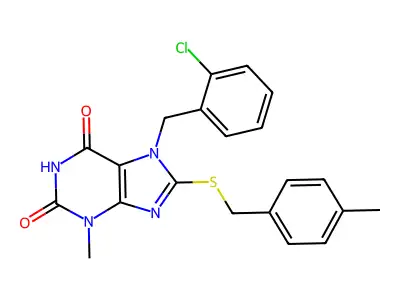7-(2-chlorobenzyl)-3-methyl-8-((4-methylbenzyl)thio)-1H-purine-2,6(3H,7H)-dione structure