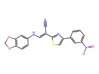 (E)-3-(benzo[d][1,3]dioxol-5-ylamino)-2-(4-(3-nitrophenyl)thiazol-2-yl)acrylonitrile structure