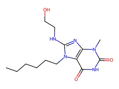 7-hexyl-8-((2-hydroxyethyl)amino)-3-methyl-1H-purine-2,6(3H,7H)-dione structure