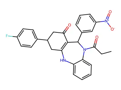 9-(4-fluorophenyl)-6-(3-nitrophenyl)-5-propanoyl-8,9,10,11-tetrahydro-6H-benzo[b][1,4]benzodiazepin-7-one structure