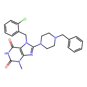 8-(4-benzylpiperazin-1-yl)-7-(2-chlorobenzyl)-3-methyl-1H-purine-2,6(3H,7H)-dione structure
