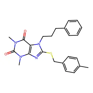 1,3-dimethyl-8-[(4-methylphenyl)methylsulfanyl]-7-(3-phenylpropyl)purine-2,6-dione structure