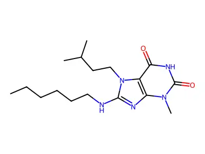 8-(hexylamino)-7-isopentyl-3-methyl-1H-purine-2,6(3H,7H)-dione structure